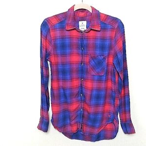 American Eagle Red and Blue Plaid Button Up Vintage Boyfriend Shirt Size XS